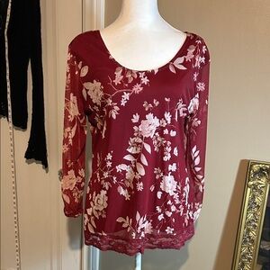 No Boundaries Sheer Floral Burgundy Top Sheer Sleeves Lace Trim XL